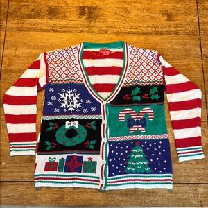 Festive Holiday Cardigan with Stripes, candy canes, snowflake, tree, & holly XL